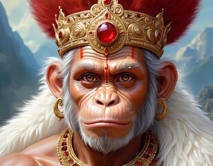Mighty and Wise Lord Hanuman Ji in a Crown - Hindu Mythology Deity