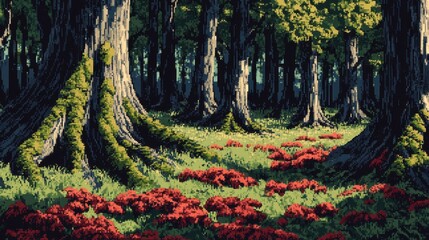 An artwork of a peaceful forest scene with trees and plants