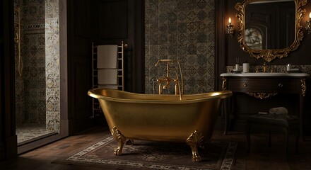 Luxurious Golden Freestanding Bathtub in a Dark and Opulent Bathroom