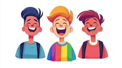 Three cheerful boys with bright hairstyles smiling happily, showcasing friendship and joy in a playful illustration.