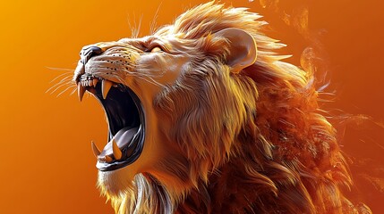 Roaring Lion Close-up Against Orange Background with Dramatic Lighting