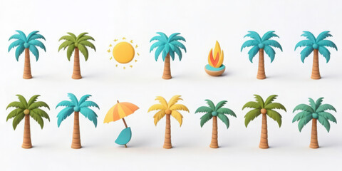 Obraz premium Summer icon watercolor scene with palm trees sun and umbrella in vibrant beach environment