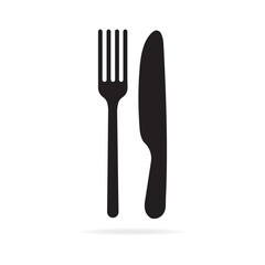 Fork and knife silhouette on a simple background, representing dining and food preparation activities. Vector