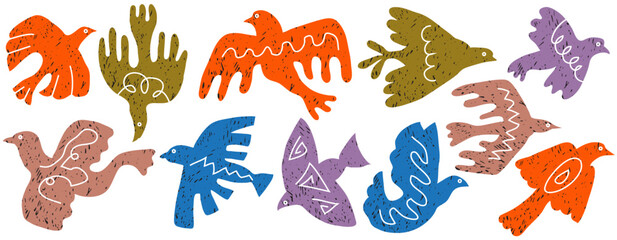 Cartoon abstract birds with ornaments. Decorative elements, geometrical style, flying birds. Trendy vector pattern. Scandinavian pigeon, swallow.