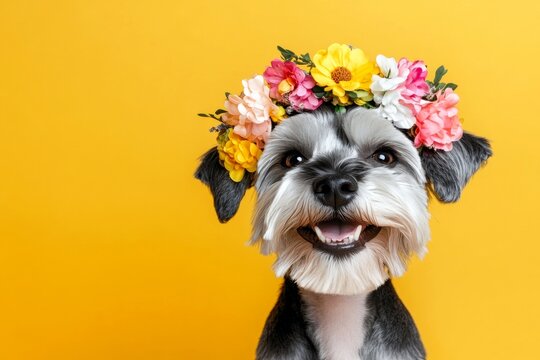 Isolated ultramarine background, copy space, ad visual idea artwork. Cute baby dog shih tzu wearing primal flower circlet on its head - symbol of sunny warm season. Professional studio artwork.