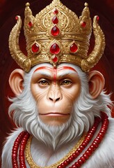 Naklejka premium Mighty and Wise Lord Hanuman Ji in a Crown - Hindu Mythology Deity
