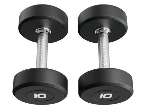 Two blank Round Rubber Dumbbells with number 10, weightlifting gym equipment side view, isolated on white background. 3D illustration