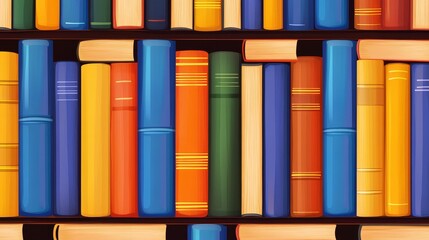 A vibrant collection of colorful books neatly arranged on a wooden shelf in a cozy library setting