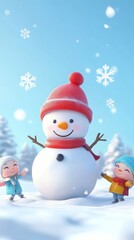 Children Joyfully Playing with a Snowman in a Magical Winter Wonderland Scene.