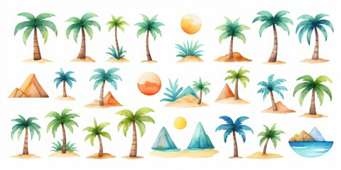 Summer icon watercolor scene with palm trees sun and umbrella in vibrant beach environment