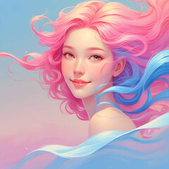 Woman portrait with pink and blue hair in the wind AI generated image