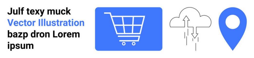 Shopping cart, upload cloud, map pin, text. Ideal for retail, logistics, data management, e-commerce, navigation delivery services simple landing page
