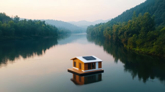 Tiny floating home on a peaceful river, solarpowered with a natural water filtration system, minimalist nature living