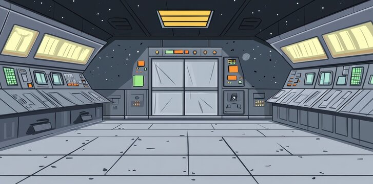 A futuristic spaceship interior with control panels and a door