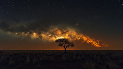 A surreal view of the Milky Way above a vast open prairie, with a lone tree standing against the celestial backdrop