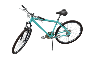 Blue teal bicycle standing while leaning on kickstand, side top view. Bike resting on kick stand isolated on white background, 3D illustration