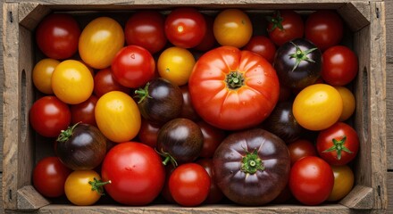 Fresh Tomatoes in a Wooden Crate Showing Variety of Colors and Shapes