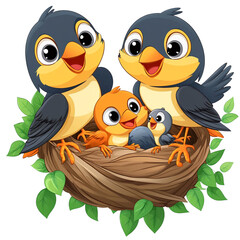 Fototapeta premium The image is a cartoon illustration of two birds and three chicks in a nest.