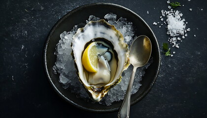 A close-up of an oyster in its shell with ice