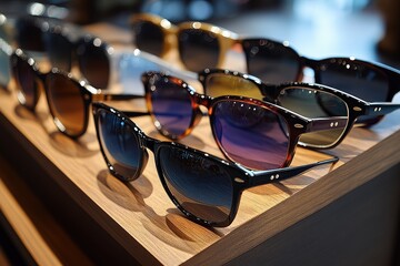 Classic Wayfarer Sunglasses Lineup Showcases Various Styles and Finishes Under Vibrant Lighting