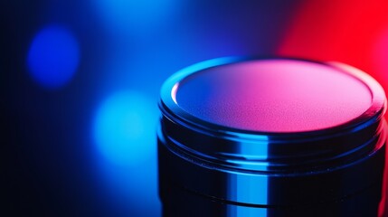 Close-up of a shiny cylindrical object with blue and red lighting creating a dramatic effect