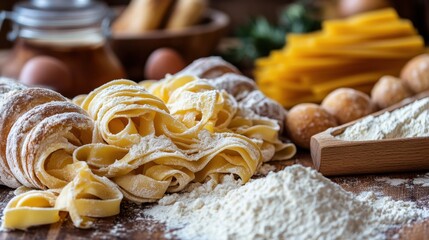 Fototapeta premium Rustic Still Life of Homemade Pasta with Flour and Eggs on Wooden Table for Culinary Art