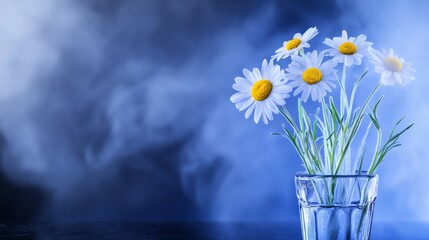 A vibrant bouquet of daisies in a glass vase, surrounded by a soft blue misty background