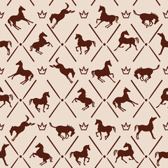 Equestrian rhombus seamless pattern. Horse silhouette in different poses. Elegant noble cream chocolate color background. Geometric vector royal crown ornament. England luxury classic vintage style