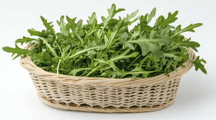 Naklejka premium Fresh leafy greens in woven basket, perfect for salads and healthy meals
