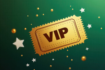 3d rendering of a gold VIP ticket with gold stars on a green background