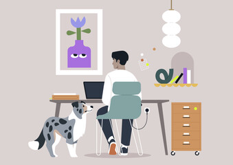 Designer focuses on a laptop in a cozy setup adorned with stylish decor, while an inquisitive dog stands nearby, creating a warm atmosphere perfect for creativity