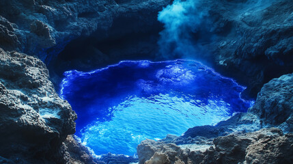 A mysterious scene of blue lava pooling in a crater, its intense glow reflecting off the surrounding rock formations