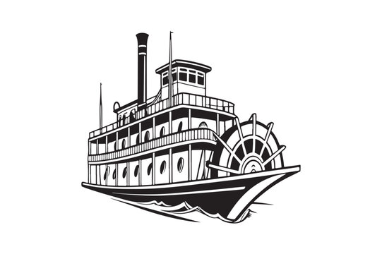 black and white steamboat on the water clip art preview