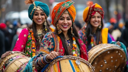 Women in vibrant clothing play dhol drums during a parade