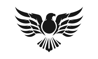 Eagle logo template. Black and white silhouette of an eagle with spread wings. Symmetrical and stylish logo, perfect for branding and emblems