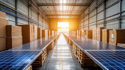 Obraz premium Solar Panels in Warehouse. Monocrystalline solar panels and cardboard boxes arranged on wooden pallets in industrial warehouse with sunlight through door
