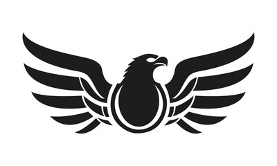 Eagle logo template. Black and white silhouette of an eagle with spread wings. Symmetrical and stylish logo, perfect for branding and emblems