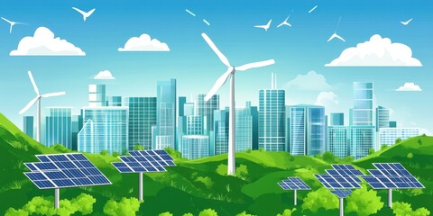 Green city skyline with wind turbines and solar panels