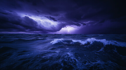 A dark and moody seascape where a swirling storm looms over the ocean, with an eerie purple glow from lightning strikes in the distance
