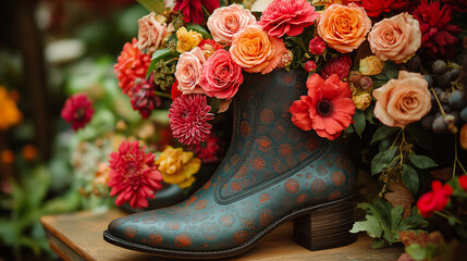 A vintage-style patterned boot is repurposed as a vase, overflowing with a vibrant array of roses, anemones, and other assorted flowers, set against a lush outdoor backdrop