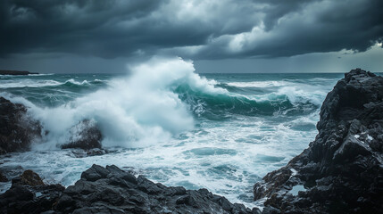 Obraz premium A violent sea storm unleashes massive waves against rugged rocks, with dark clouds swirling ominously above