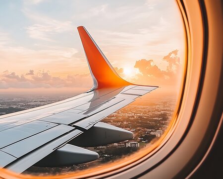 Sunset Flight: Cityscape View from Airplane Window.
