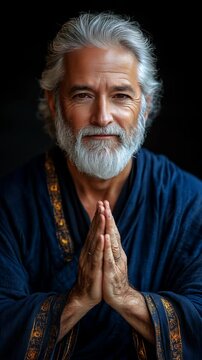 Mature man with grey hair and beard in dark blue robe presses palms together in Namaste gesture against a black background, looking peaceful and calm