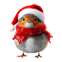 A robin wearing a Santa hat and red scarf.