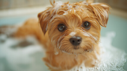 A small, fluffy dog with bright eyes is playfully splashing in bubbles during a bath. The atmosphere is warm and cozy, reflecting a gentle morning light