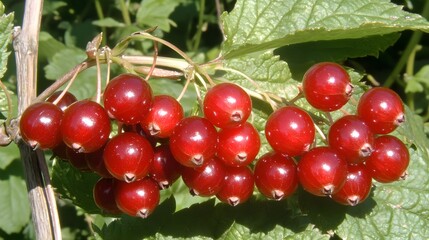 Vibrant Red Currants on Branch Lush Green Leaves
