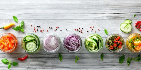 gourmet pickled products, a chic ad template showcasing various pickled jars from a top-down perspective