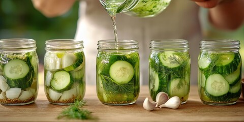 gourmet pickling process, a close-up of a chef skillfully layering fresh cucumbers, garlic, and dill into glass jars, pouring hot brine, with warm lighting