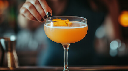 A bartender skillfully prepares a bright orange cocktail garnished with citrus slices at a bustling bar during the evening hours, showcasing mixology expertise