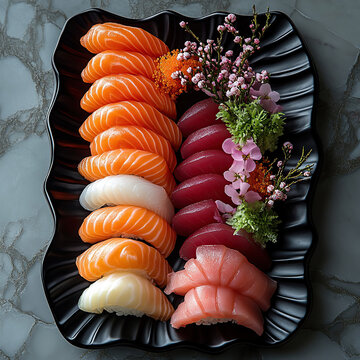 Zen-style sashimi platter on black lacquer tray, ice sculpture cherry blossom melting, wasabi gradient swirl, minimal shadow play